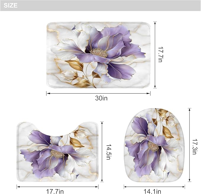 Riyidecor Purple Gold Marble Floral 4Pcs Bathroom Shower Curtain Sets Modern Abstract Flower Bathroom Decor Set with Rugs and Accessories Minimalist Toilet Lid Rug, Contour and Bath Mat with 12 Hooks