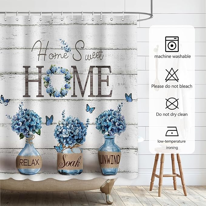 Farmhouse Shower Curtain, Navy Blue Hydrangea Flower Rustic Bathroom Decor with Waterproof Fabric, Country Style Home Sweet Home Shower Curtains for Vintage Bathroom, 72x72 Inch