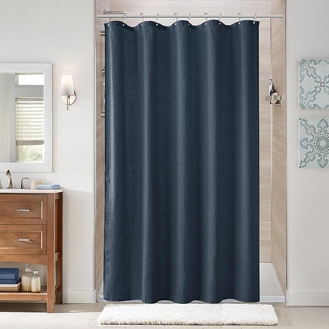Naturoom Denim Blue 60 Inch Shower Curtain - Stall Narrow Half Linen Ultra Thick Fabric Shower Curtain Set with Hooks, Boho Farmhouse Rustic RV Camper Bath Curtains for Bathroom, 60x72