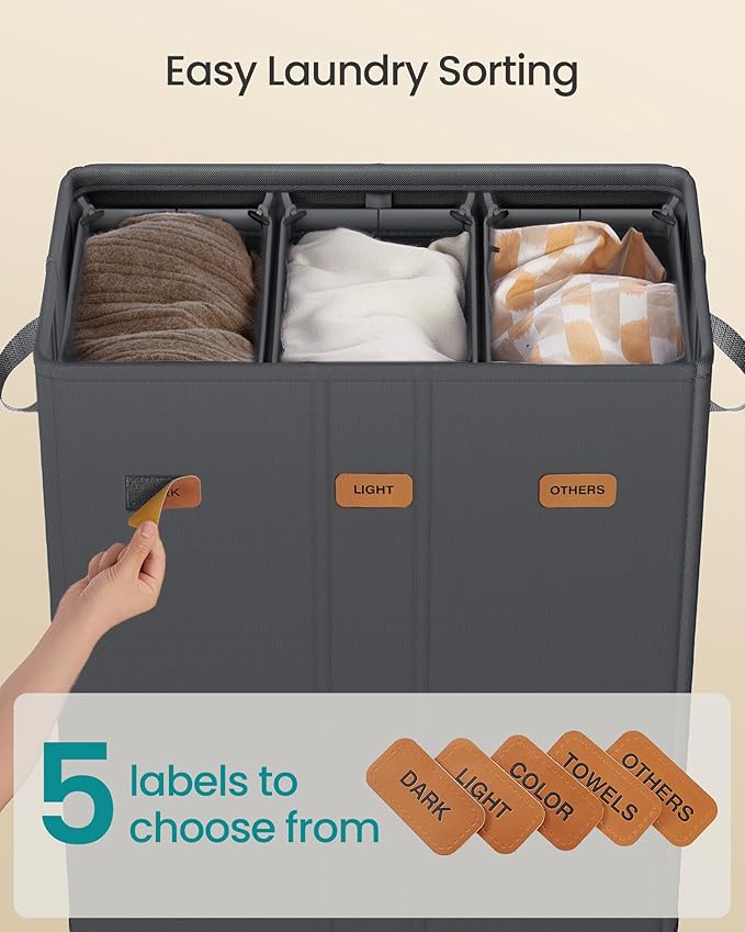 SONGMICS 47.6 Gallon (180 L) Laundry Hamper, 3-Compartment Laundry Basket Sorter with Lid, Labels, Removable Liner Bags, for Bedroom, Dark Gray URLH013G01
