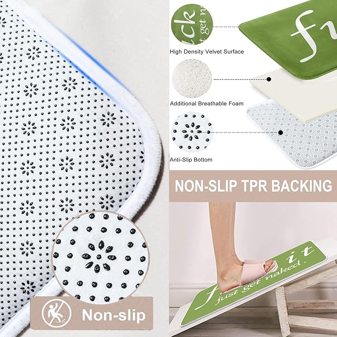 ArtSocket 4PC Green Funny Get Naked Shower Curtain Sets Bathroom Decor with Rugs, Non-Slip Rug,Toilet Lid Cover, Bath Mat and 12 Hooks 72x72 inches