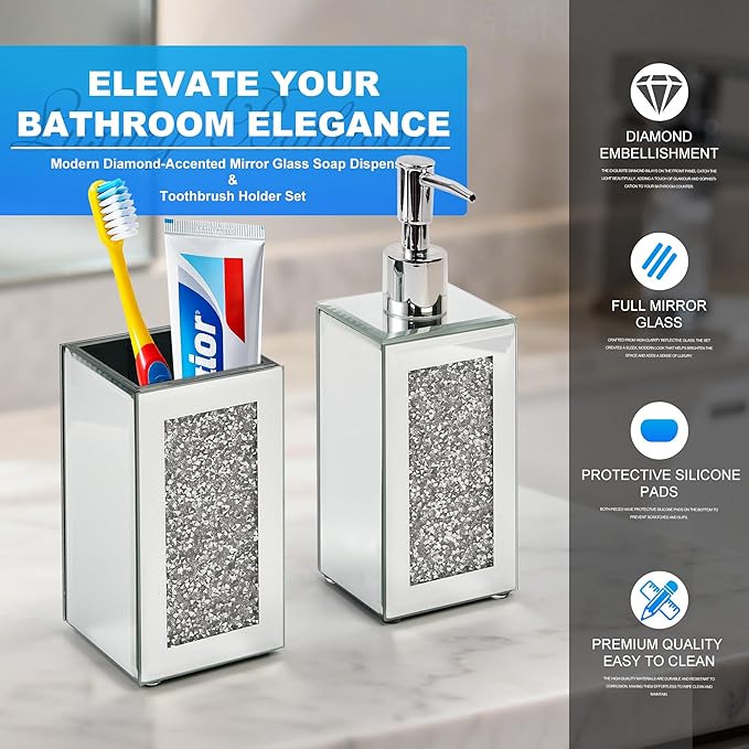 Luxury 2-Piece Bathroom Set, 150ml Diamond-Embedded Glass Soap Dispenser and Toothbrush Holder, Elegant Vanity Organizer for Modern Bathrooms