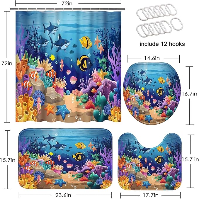 Britimes 4 Piece Shower Curtain Sets, Blue Ocean Fish with Non-Slip Rugs, Toilet Lid Cover and Bath Mat, for Bathroom Decor Set, 72" x 72"