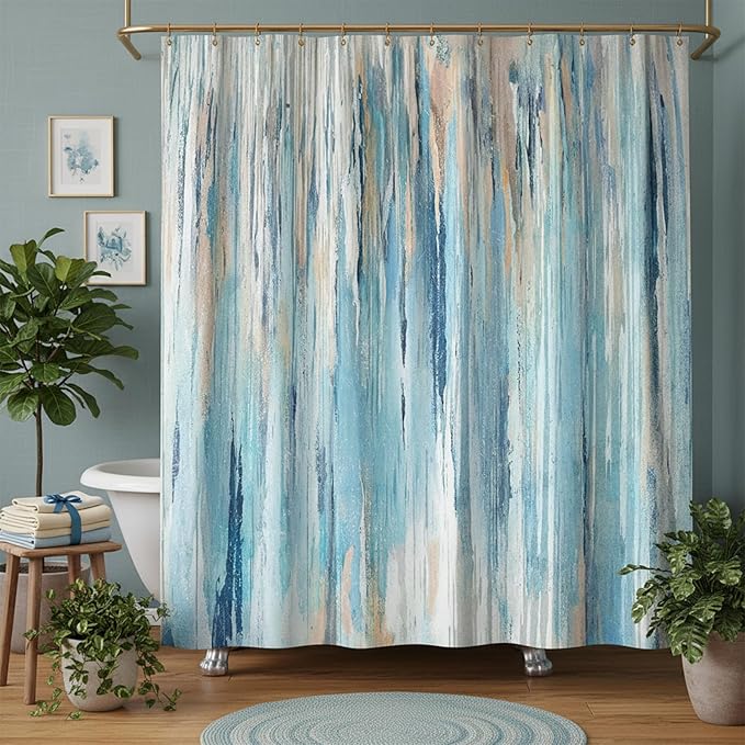 JAWO Abstract Shower Curtain Modern Shower Curtain Sets for Bathroom Gray Blue Aesthetic Stripe Pattern Contemporary Minimalist Painting Polyester Bathtub Curtains