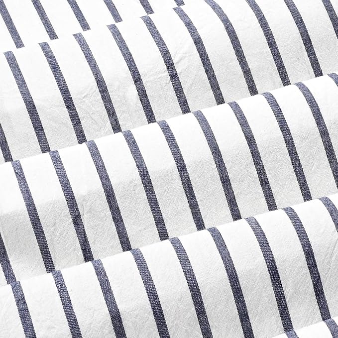 Farmhouse Shower Curtain, Beige and Blue Stripe, Button Curtain, Linen and Cotton Woven Fabric, Rustic Charm Country Chic Style, 72x72 in