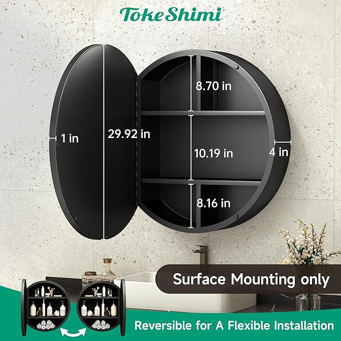 TokeShimi 30x30 Black Medicine Cabinet for Bathroom, Round Medicine Cabinet with Mirror Shatterproof, Removable Shelf, Surface Mount Only