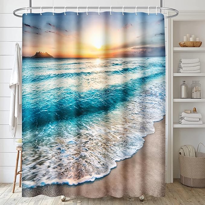 ArtSocket Beach Bathroom Set with Shower Curtain and Rugs and Accessories, Sunrise Over Sea Shower Curtain Set, Sunset Ocean Bathroom Decor 3 Pcs