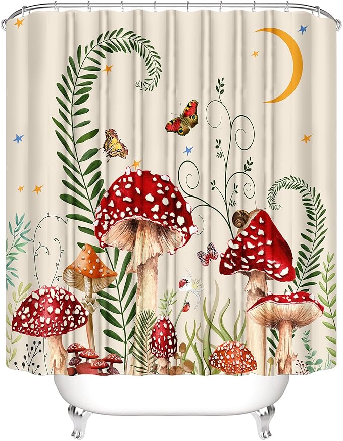4PCS Mushroom Butterfly Flower Bathroom Shower Curtain Set with Rugs, Toilet Lid Cover and Bath Mat, Moon Stars Shower Curtain with 12 Hooks, Durable Retro Bathroom Decor Set
