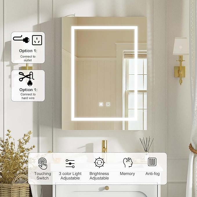 18x24 Inch Lighted Medicine Cabinet with Mirror,LED Bathroom Mirror Cabinet with Lights Wall Mounted,Illuminated Mirror Cabinet, Adjustable Brightness, 3 Color Lighting, Anti-Fog