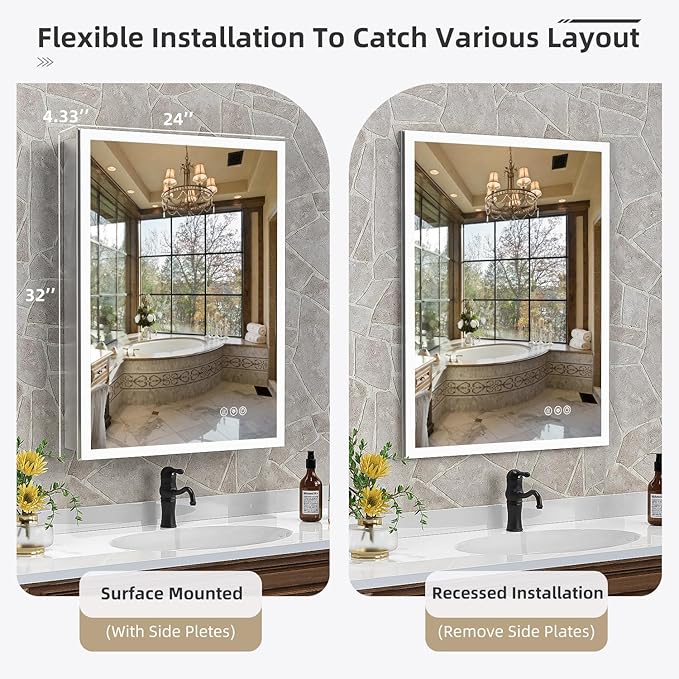 24" x 32" LED Medicine Cabinet for Bathroom, Lighted Mirror with 3-Color Lights, Defogger, Stepless Dimming, Large Storage, Door Left Hinge