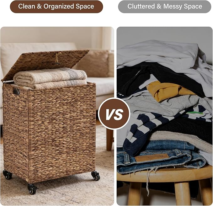 Hand-Woven Laundry Basket with Wheels, Natural Water Hyacinth Laundry Hamper with Lid, Removable & Machine-Washable Liner,Clothes Hamper for Bathroom and Laundry Room(90L,Espresso)