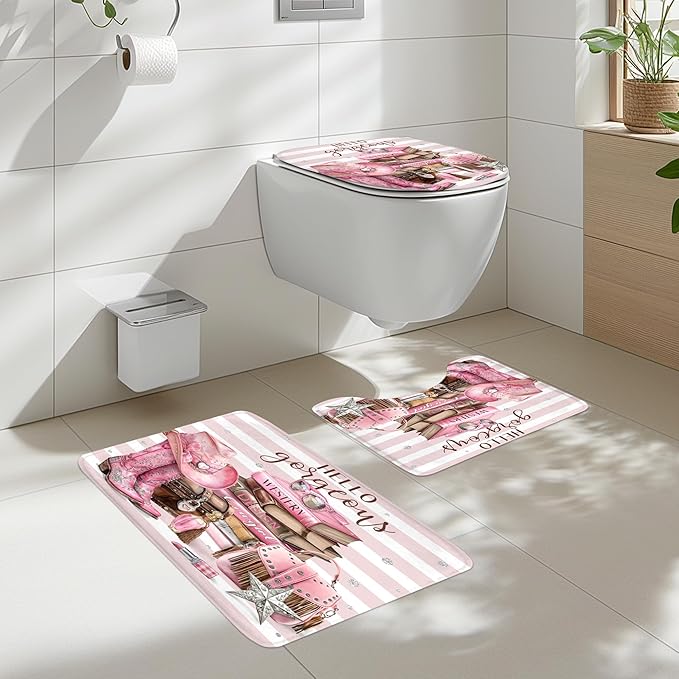Cinbloo 4Pcs White Pink Shower Curtain Set, Western Cowgirl Fashion Diamond Boots Striped Hats Bathroom Curtain with Rug, Toilet Lid Cover, Bath Mat, Women Girls Books Shower Curtain with 12 Hooks