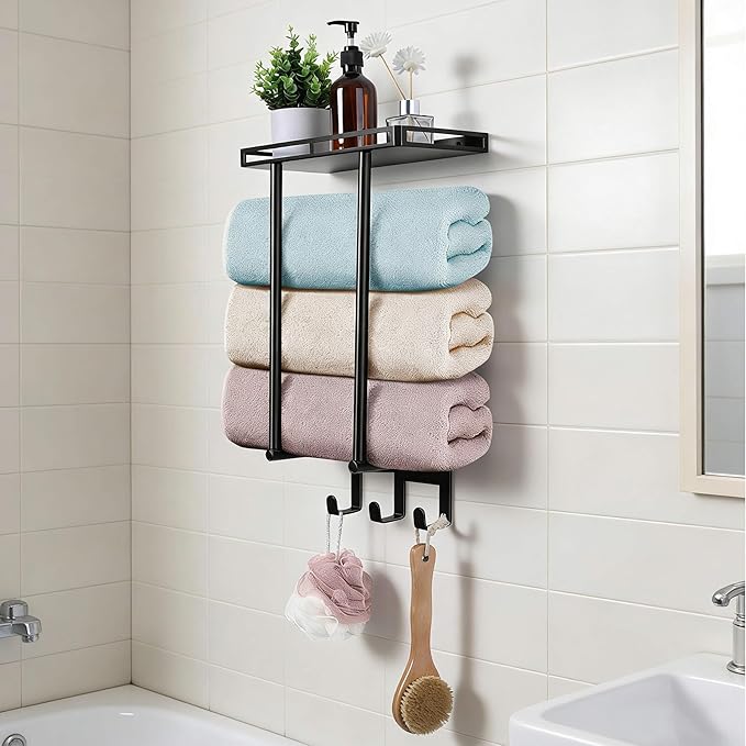 Wall Mounted Towel Racks for Bathroom, Onader 15 Inch Black Bath Towel Holder with Metal Shelf and 3 Hooks