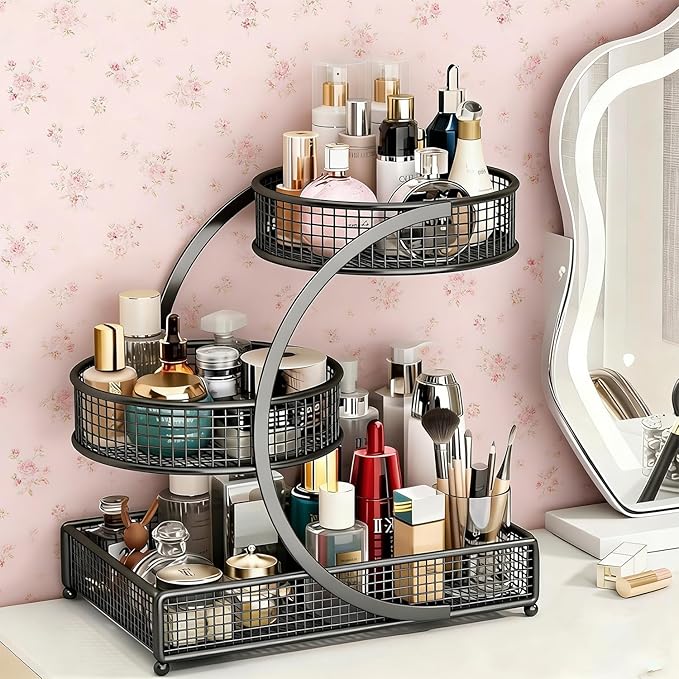 Makeup Organizer Countertop for Vanity, 3 Tier Metal Bathroom Countertop Organizers Skincare Storage Holder Perfume Cosmetic Display, Multi-Use Storage Rack for Bedroom & Kitchen (Black(Round))