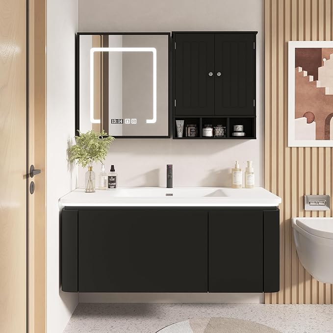 Bathroom Medicine Cabinet 2 Doors with 3 Open Shelves, Over The Toilet Storage Wall Mounted Medicine Cabinet with Adjustable Partitions，Home Cabinet for Bathroom,Living Room,Kitchen,Black