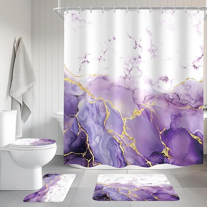 Cinbloo 4Pcs Purple Marble Shower Curtain Set, Abstract Lilac Gold Cracked Lines Modern Minimalist Bathroom Curtain with Rug, Toilet Lid Cover, Bath Mat, Luxury Aesthetic Shower Curtain with 12 Hooks