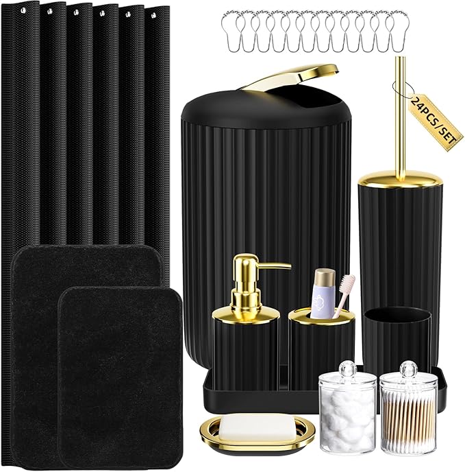 Black and Gold Bathroom Set with Shower Curtain and Rugs, Bathroom Accessories Sets with Extra Soft and Absorbent Bath Rugs Shower Curtain Black Bathroom Sets for Bath