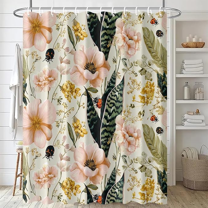 Floral Shower Curtain 72x72 Inch Botanical Flower and Ladybug Print Bathroom Curtain Vintage Garden Style for Cottagecore Decor