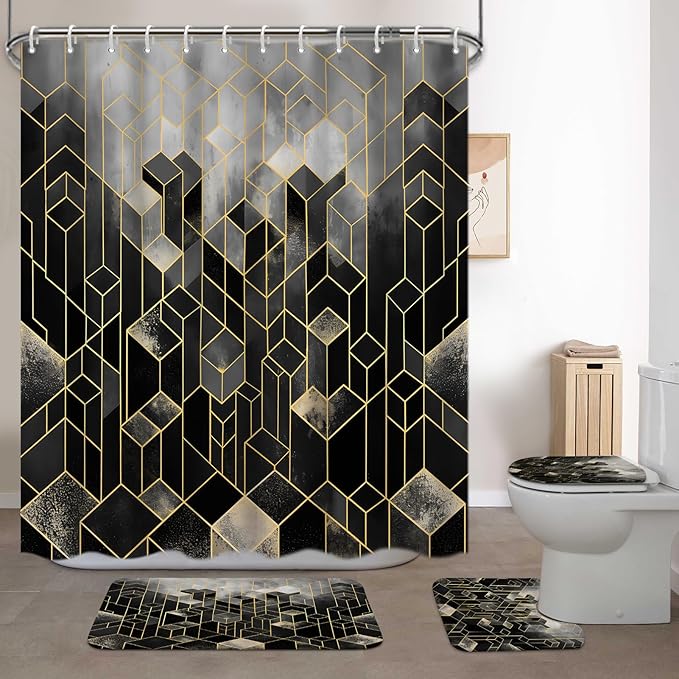 Lnond 4Pcs Bathroom Sets with Shower Curtain and Rugs, Black Bathroom Shower Curtain Sets, Black Gradient Modern Bathroom Decor Sets with Rugs and Accessories
