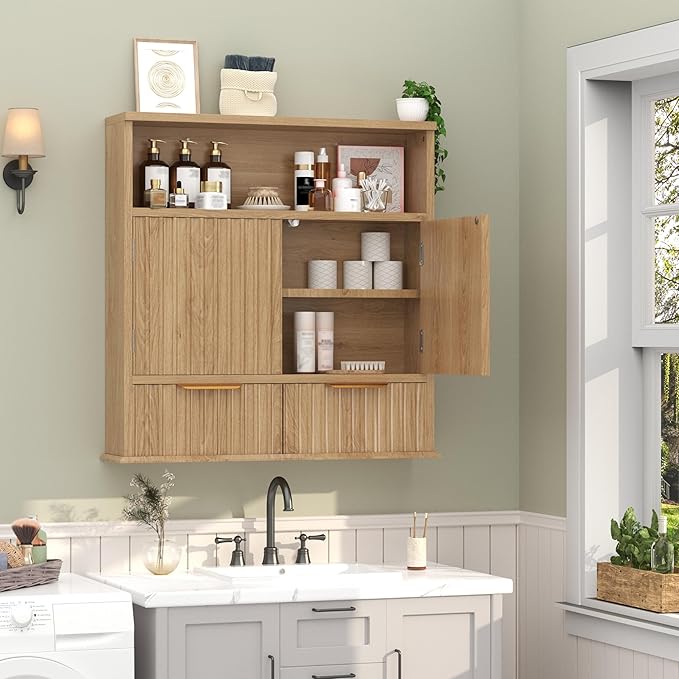 Fluted Bathroom Wall Cabinet with Drawers, Wooden Medicine Cabinet Organizer Over The Toilet, Wall Mounted Storage Cabinet with Open Shelf for Bathroom, Kitchen, and Laundry Room (Walnut)