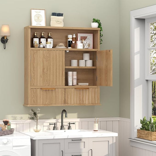 Fluted Bathroom Wall Cabinet with Drawers, Wooden Medicine Cabinet Organizer Over The Toilet, Wall Mounted Storage Cabinet with Open Shelf for Bathroom, Kitchen, and Laundry Room (Walnut)