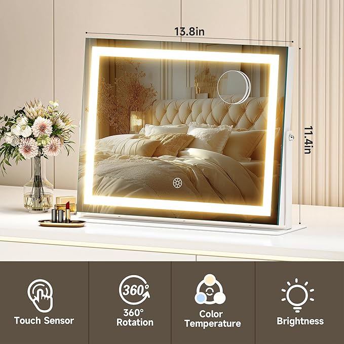 Hasipu Vanity Mirror with Lights, 13.8" x 11.4" LED Makeup Mirror, 3 Color Modes Touch Control and Brightness Adjustment Lighting Mirror, 10X Magnifying Glass, 360° Rotation