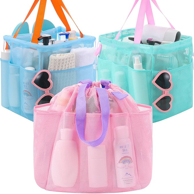 Talltalk 3 Pcs Mesh Shower Caddy Portable with Drawstring Dorm Essentials with 8 Pockets Hanging Shower Caddy Basket Quick Dry Toiletry for College Bathroom, Camping, Swim, Gym (Macarons Color)