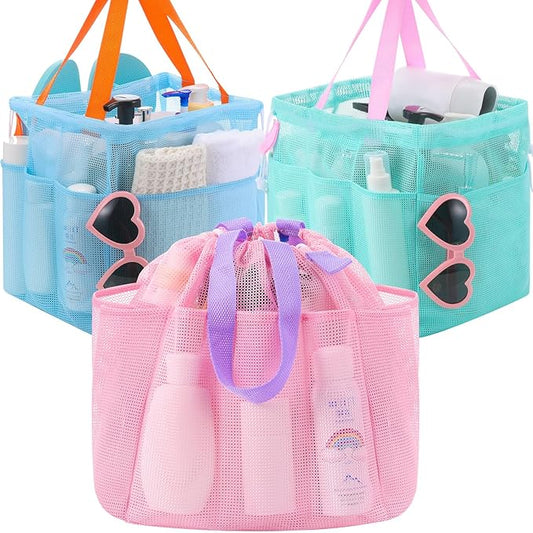 Talltalk 3 Pcs Mesh Shower Caddy Portable with Drawstring Dorm Essentials with 8 Pockets Hanging Shower Caddy Basket Quick Dry Toiletry for College Bathroom, Camping, Swim, Gym (Macarons Color)