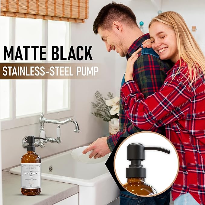 Sunrise Premium 2 Pack Amber Glass Soap Dispenser 16 OZ with Matte Black Stainless Steel Pump, Hand and Dish Soap Dispenser Set for Bathroom and Kitchen Sink with 6 Waterproof Labels