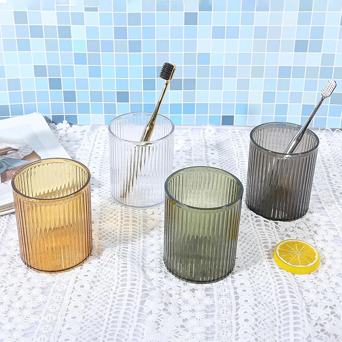 DASITON Makeup Brush Holder Organizer, Acrylic Makeup Brush Cup, Vintage Striped Make Up Brush Holder for Vanity, Bathroom Countertop, Toothbrush Holders, Pen Holder for Desk Storage (Clear)