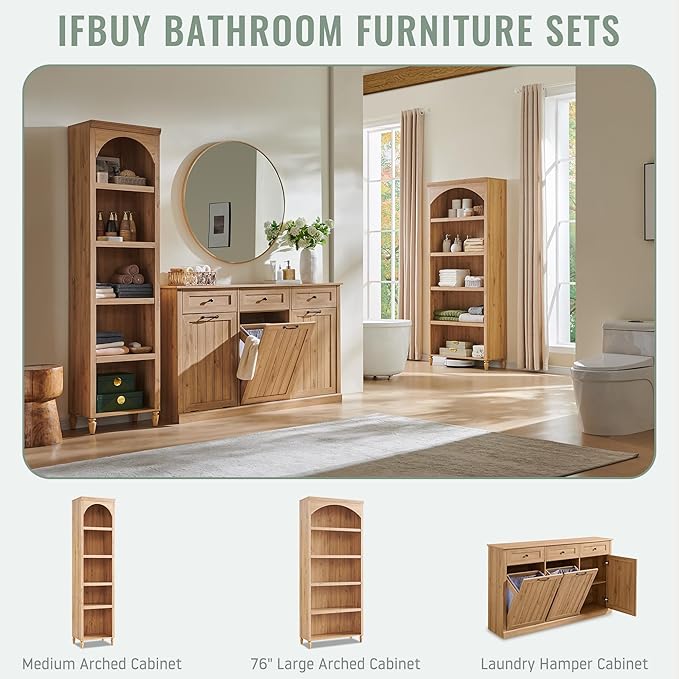 IFBUY Triple Tilt Out Laundry Hamper Cabinet, 20 Gallon Farmhouse Trash Can Cabinet w/Drawer & Adjustable Shelf, Hidden Garbage Can Bin Cabinets w/Laundry Basket for Bathroom, Kitchen (Natural)