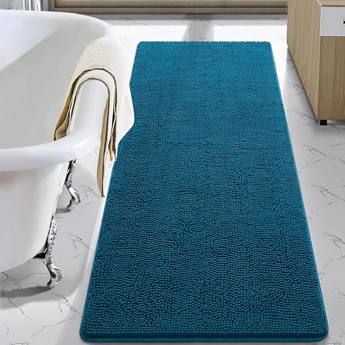 LOCHAS Luxury Bathroom Rug Shaggy Bath Mat 24 x 60 Inch, Washable Non Slip Bath Rugs for Bathroom Shower, Soft Plush Chenille Absorbent Carpets Mats, Peacock Blue
