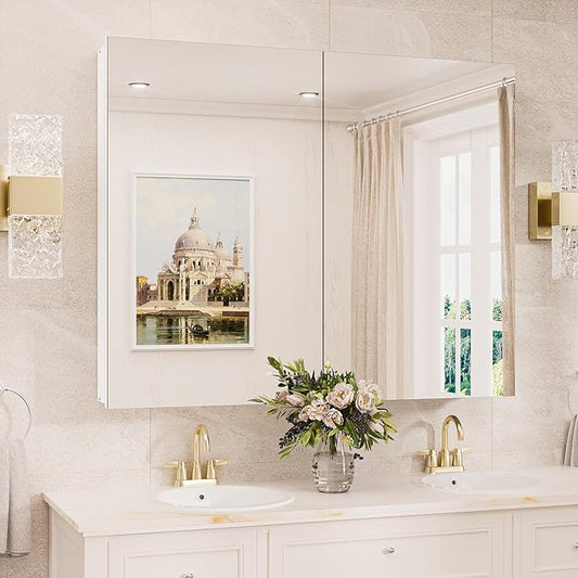 TokeShimi 40x32 Bathroom Medicine Cabinet with Mirror White, Aluminum Tempered Mirrored Medicine Cabinet Recessed or Wall Mounted with Adjustable Storage Metal for Modern Farmhouse