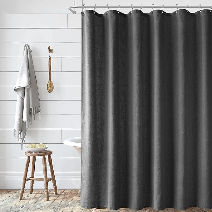 Naturoom Dark Grey Linen Shower Curtain, Country Boho Farmhouse Bath Decor Shower Curtains Neutral Cloth Weighted Textured Fabric Bath Curtain Liner with Hooks, 72x96