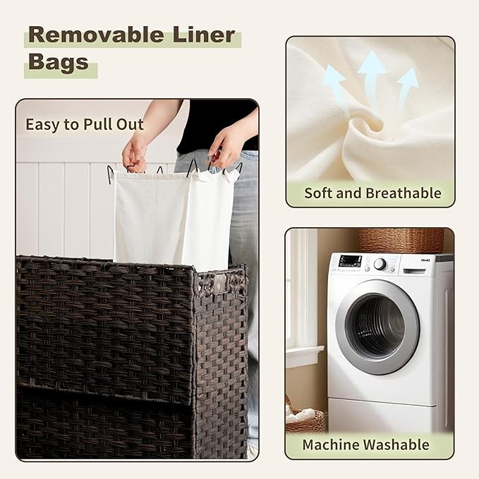 Gitelsnour Laundry Hamper with Lid, 130L(34.4 Gal) Rattan Laundry Hamper 3 Section with 50L (13.2 Gal) Storage Shelf, Wicker Woven Laundry Sorter Basket with 4 Liner Bags and Handles, Brown GLH003BR