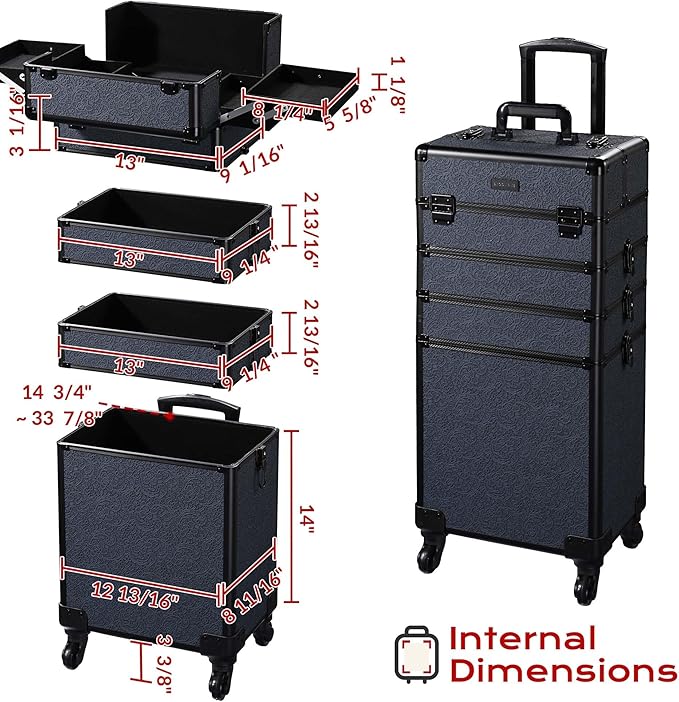 BYOOTIQUE 4in1 Professional Makeup Train Case Organizer on Wheels Cosmetology Rolling Travel Storage Nail Tech Cart Hairdressing Brush Bags Tattoo Box for Beauty Salon, Rococo Midnight