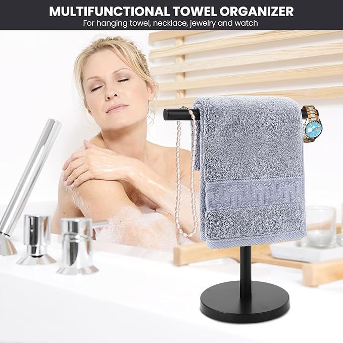 T-Shape Bath Hand Towel Holder Stand, Stainless Steel Free Standing Hand Towel Rack, for Bathroom Kitchen & Countertop, Matte Black, 2 Pack