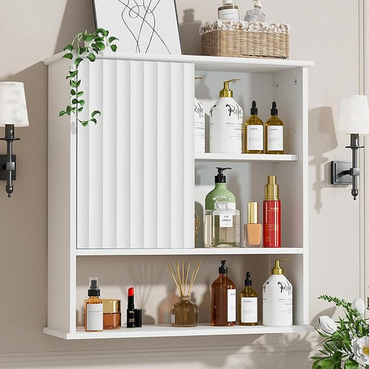 Fluted Bathroom Wall Cabinet with Sliding Door, 24" x 22" Upgraded All Painted Wood Medicine Cabinet with 3-Point Adjustable Shelf, Over Toilet Wall Mounted Cabinet Organizer for Bathroom