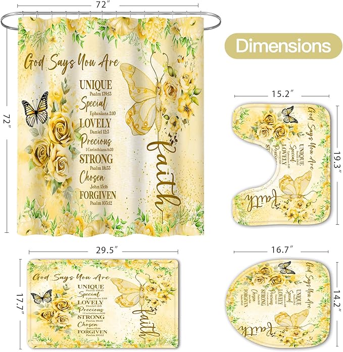 Litabel 4 Pcs Yellow Butterfly Inspirational Quotes Shower Curtain Set with Rugs and Toilet Lid Cover, Colorful Boho Waterproof Fabric Bathroom Set, Bible Verse Floral Bathroom Decor Set Accessories