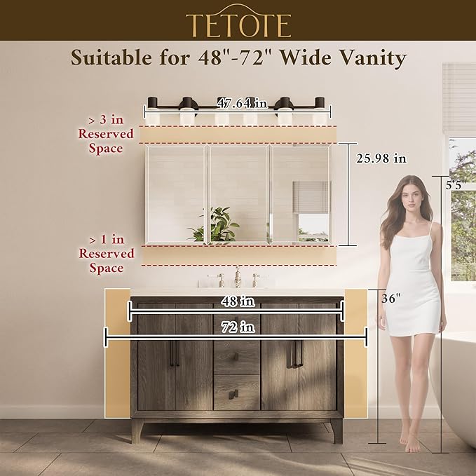 TETOTE 48 x 26 Bathroom Mirror with Storage with Tempered Beveled MirrorBlackMedicine Cabinet Aluminum Cabinet DTC Hinges, Stepless Adjustable Shelves, Recessed/Surface-Mounted