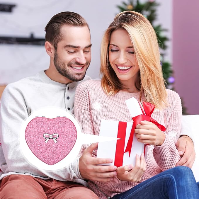 Qianyu Compact Folding Mirror Heart Shaped Double-Sided 1X/2X Magnifying Mirror Cute Mini Glitter Makeup Mirror with PU Leather Ultra-Portable Cosmetic Mirror for Women Home Office Travel (Rose red)