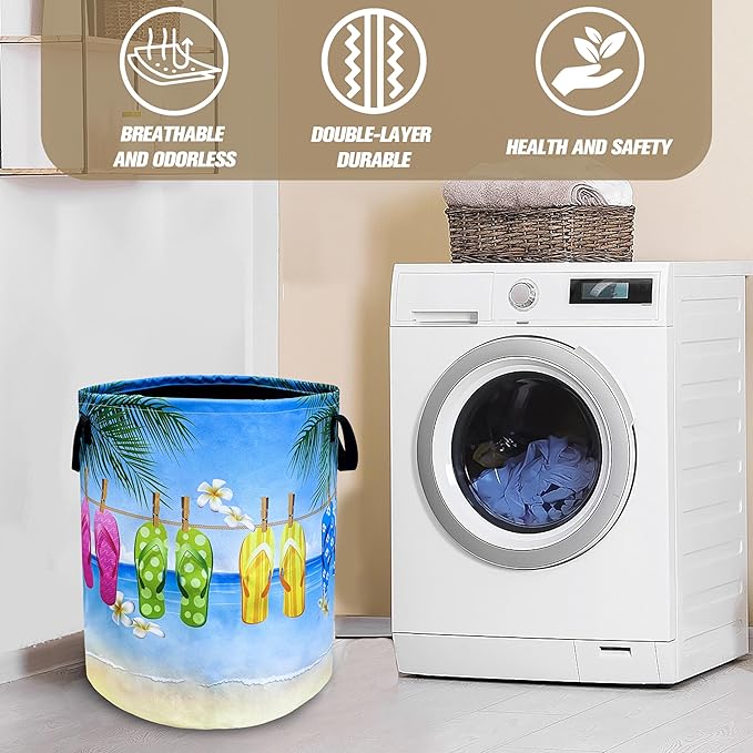 Hawaii Beach Flip Flops Laundry Basket Seaside Foldable Oxford Cloth Funny Tote Bag Laundry Hamper Clothes Storage Bucket Toy Organizer For Bathroom/Laundry Storage/Bedroom 18.9x16.5 Inch