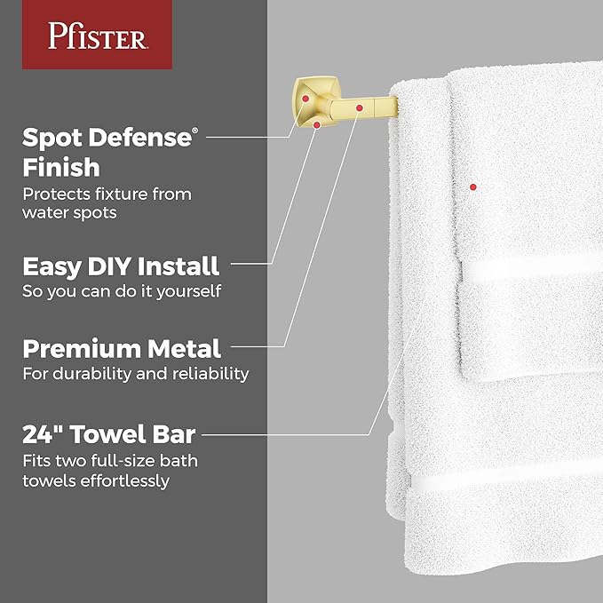 Pfister Vaneri Bath Towel Bar for Bathroom, 24-Inch, Wall-Mounted, Screw-in, Brushed Gold Finish, BTBVRI2BG