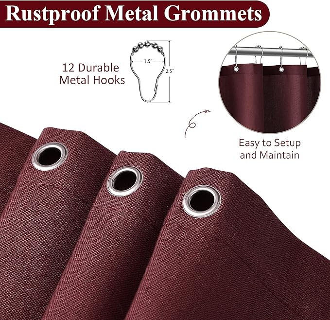 Naturoom Burgundy 36 Inch Shower Curtain - Stall Narrow Half Linen Ultra Thick Fabric Shower Curtain Set with Hooks, Boho Farmhouse Rustic RV Camper Bath Curtains for Bathroom, 36x72