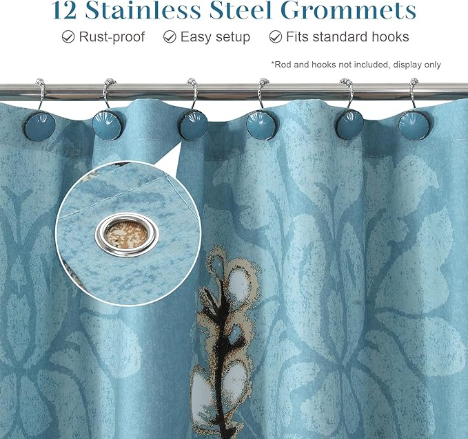 Blue Brown Floral Shower Curtain for Bathroom, Vintage Hanakotoba Flower Fabric Shower Curtains, Waterproof Botanical Shower Curtain, Retro Plant Print Bathroom Curtains, 62" W x 72" H