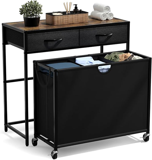 Sorbus 3 Section Laundry Hamper with Shelf and 2 Drawers for Laundry Room Organization, Laundry Basket with Wheels, Rolling Laundry Hamper, Laundry Sorter for Optimal Storage and Organization (Rustic)