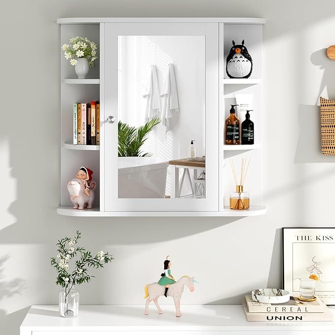 Bathroom Medicine Cabinet Mirror, Wood Medicine Cabinet with Adjustable Shelf, Mirrored Door Over The Toilet Storage, Bathroom Mirror Cabinet, White