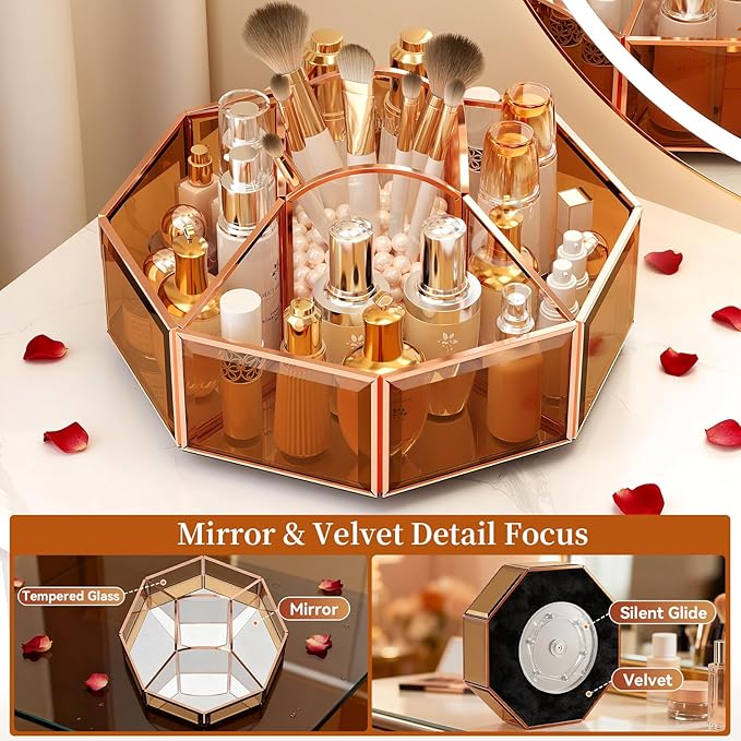 CoralHouse 360° Rotating Makeup Organizer Spinning Vanity Organizer with Makeup Brush Holder for Countertop, Bathroom Storage, Skincare, Perfume & Cosmetic Organizer for Vanity Amber