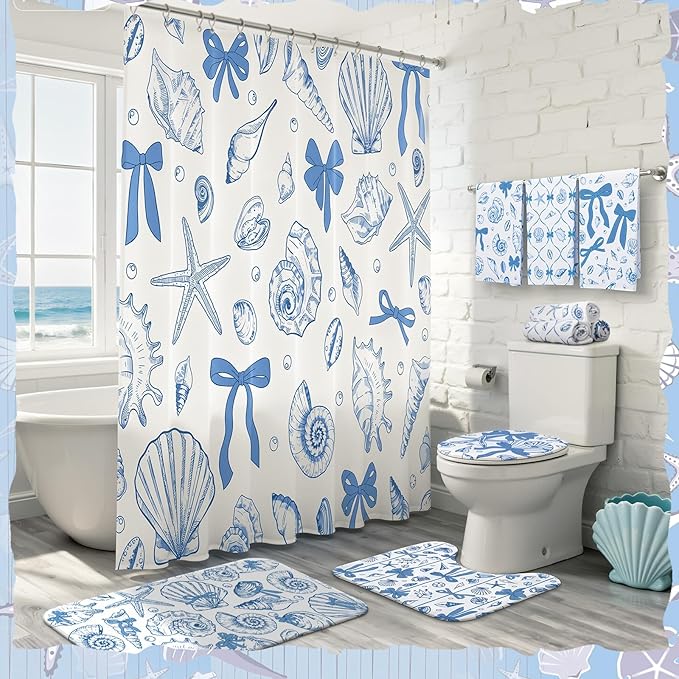Tatuo 8 Pcs Beach Shower Curtain Set Blue Bow Ocean Bathroom Accessories Sets Coquette Starfish Coastal Waterproof Shower Curtain with Towels Carpet Bath Mat Toilet Rug 12 Hooks for Summer Beach Party