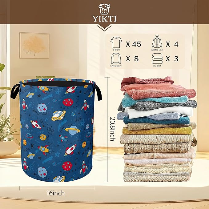 Cartoon Planets Rockets Laundry Hamper,Out Space Clothes Hamper for Laundry,Waterproof Oxford Toy Storage Collapsible Hampers for Bedroom, Dorm Room,Bathroom,16x20 Inch